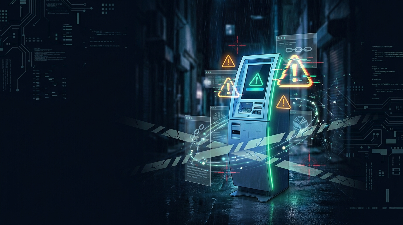 Caixa eletronico de criptomoedas na penumbra com alerta de fraude