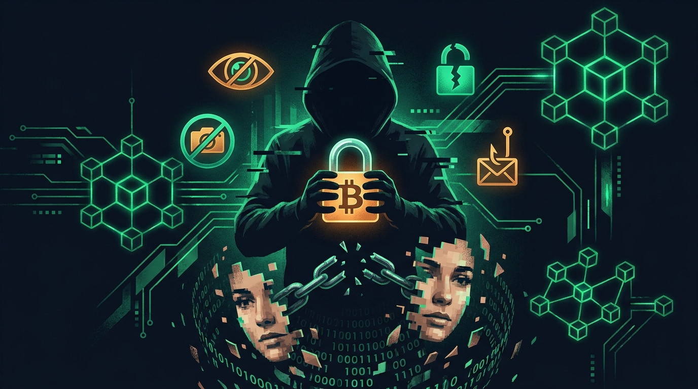 Ilustração de um cadeado sobre símbolos de criptomoedas representando ameaças de chantagem e sextorsão